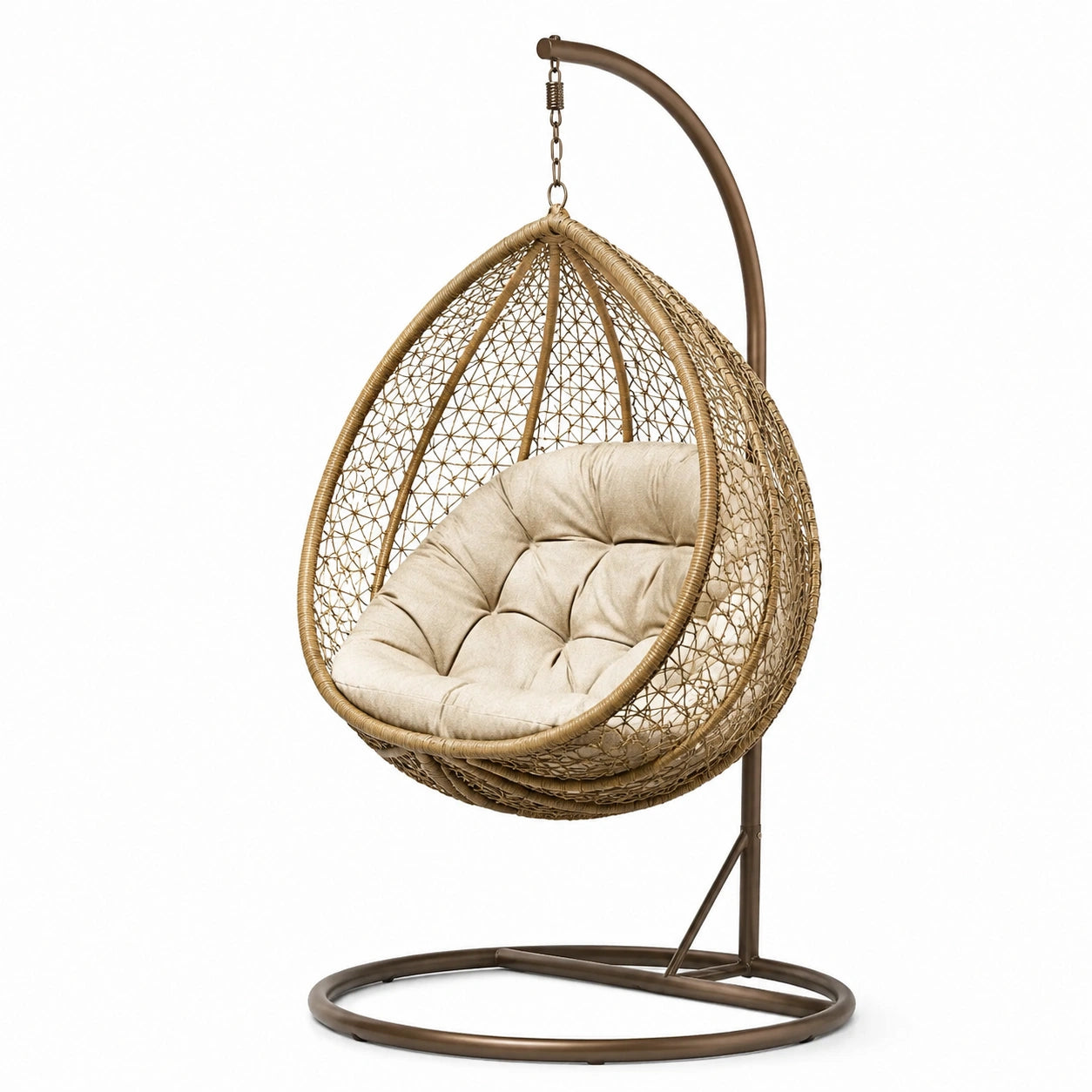 Chaise suspendue en métal avec siège en rotin et coussin beige