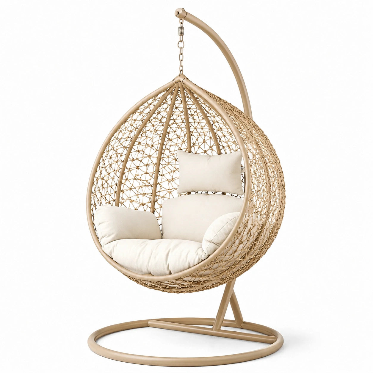 Fauteuil suspendu en rotin synthétique avec coussins polyester et support métal beige