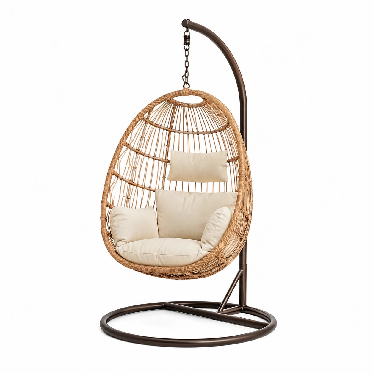 Chaise suspendue en rotin synthétique et structure métallique, coussins beiges