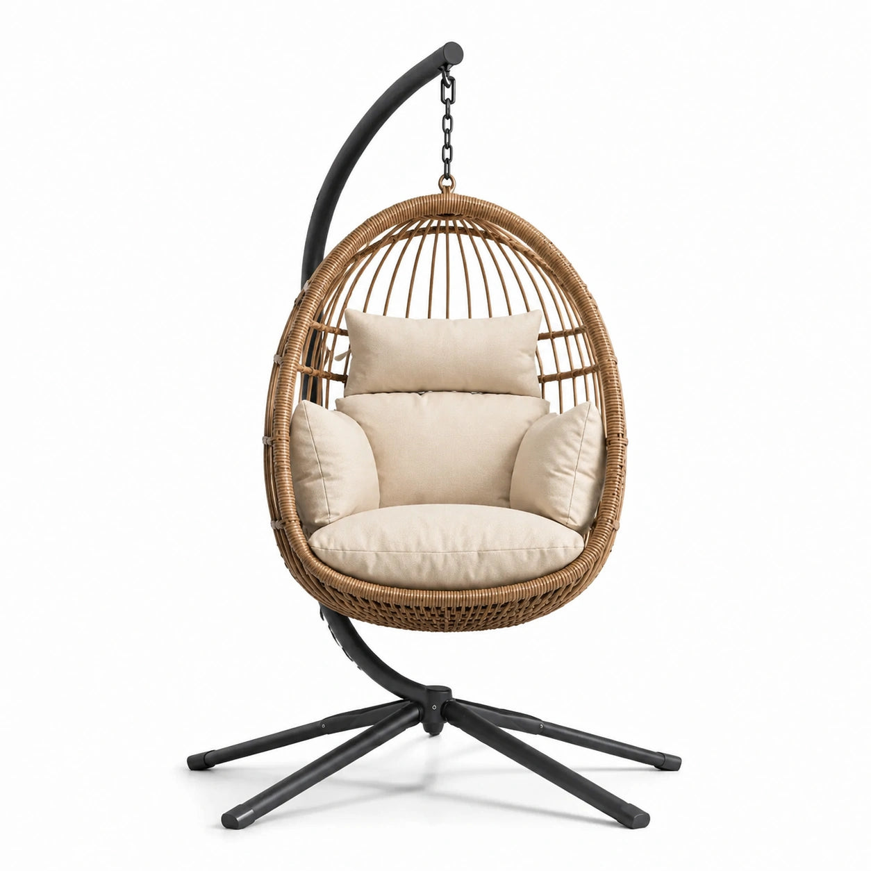 Chaise suspendue en rotin avec coussins beige et support en métal