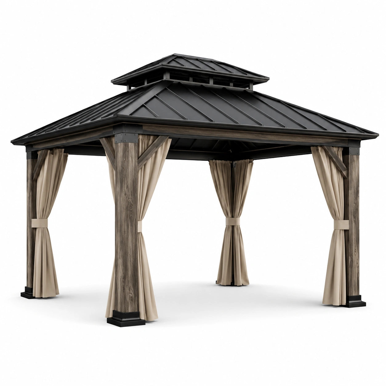 Pavillon de jardin en bois et métal avec rideaux en polyester