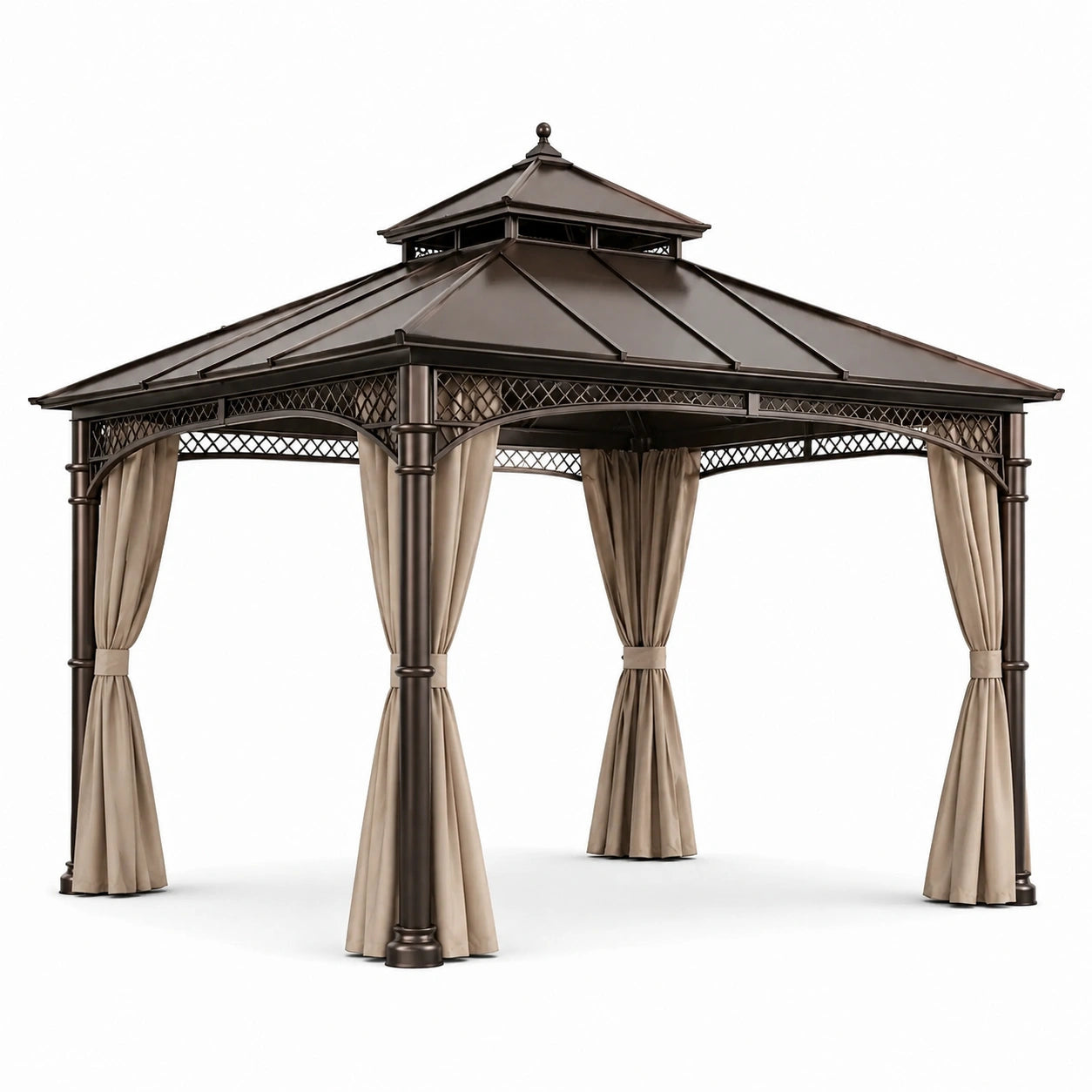 Pavillon de jardin en acier avec rideaux en polyester 3x3m brun/beige