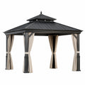 Pavillon de jardin en aluminium avec toit en acier noir et rideaux beiges