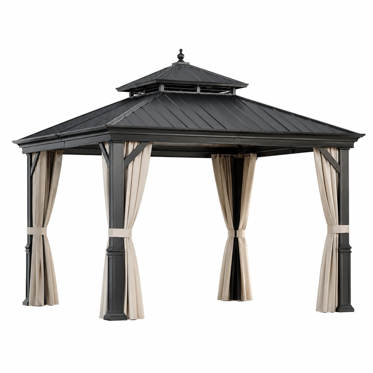 Pavillon de jardin en aluminium avec toit en acier noir et rideaux beiges