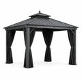 Pavillon en métal avec toit à deux niveaux et rideaux en polyester noir