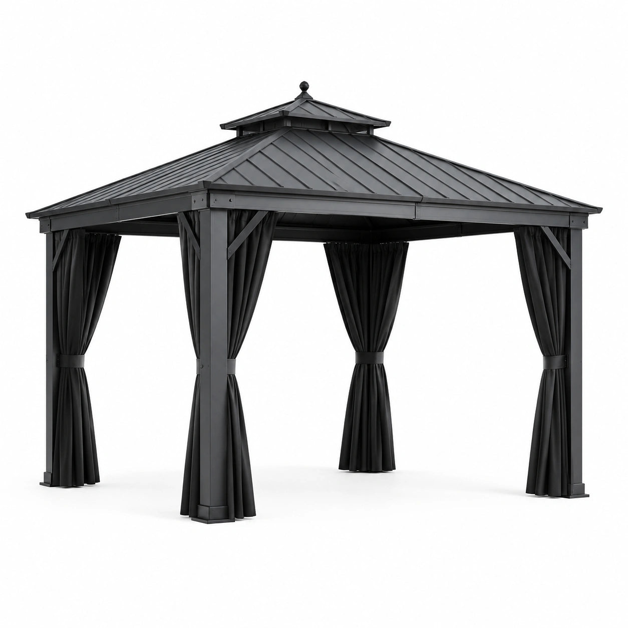 Pavillon en métal avec toit à deux niveaux et rideaux en polyester noir