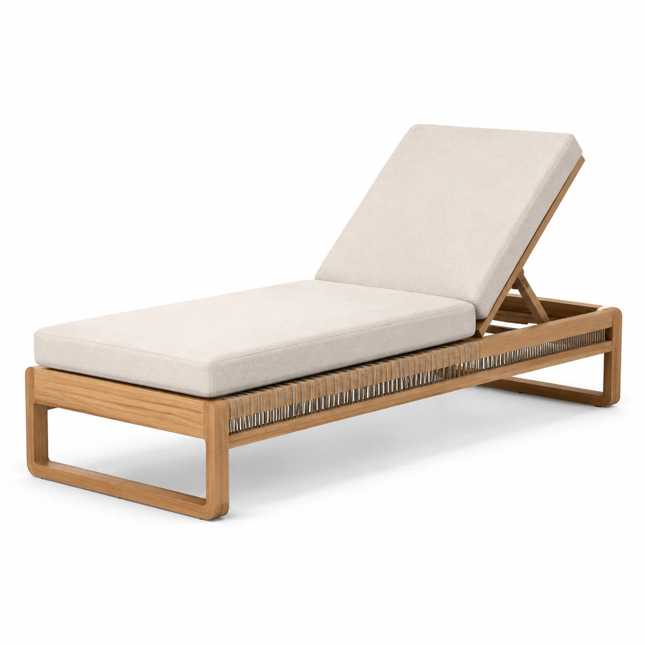 Chaise Longue en Bois de Teck avec Coussin en Polyester Beige