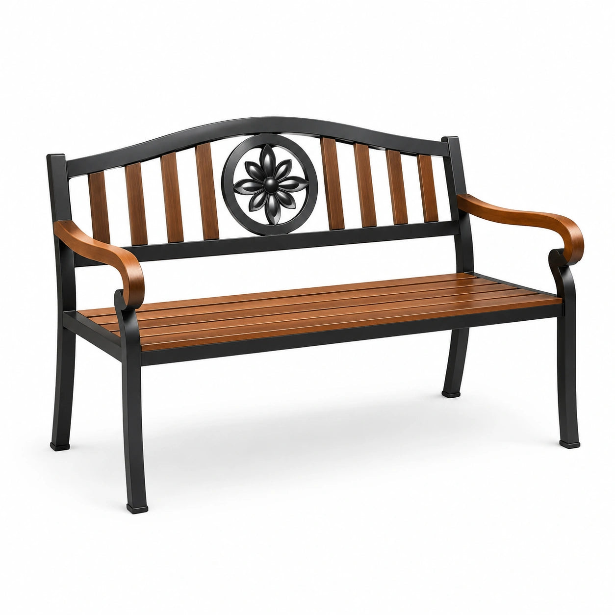 Banc de jardin en métal et bois avec motif floral 125cm noir et marron