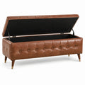 Banc de rangement en cuir synthétique avec pieds en bois, marron