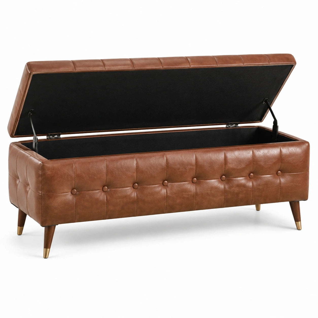 Banc de rangement en cuir synthétique avec pieds en bois, marron