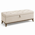 Banc de rangement en tissu polyester beige avec structure en bois