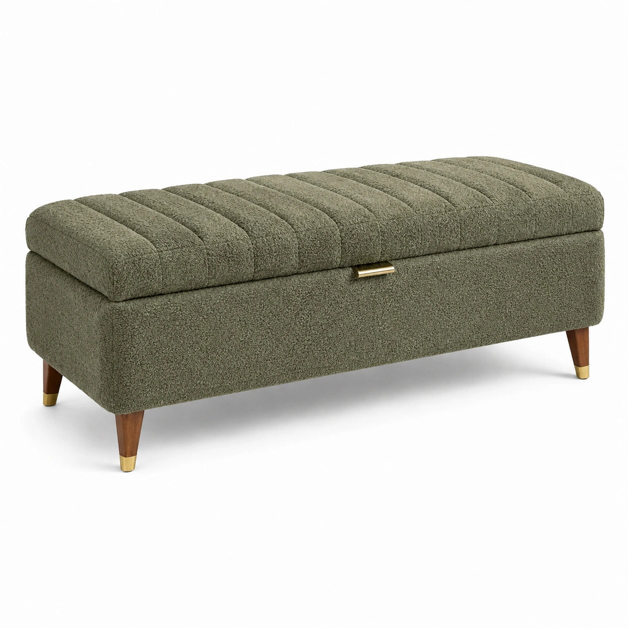 Banc de rangement en tissu boucle avec pieds en bois vert