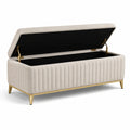 Banc de rangement en velours polyester beige avec pieds en métal doré