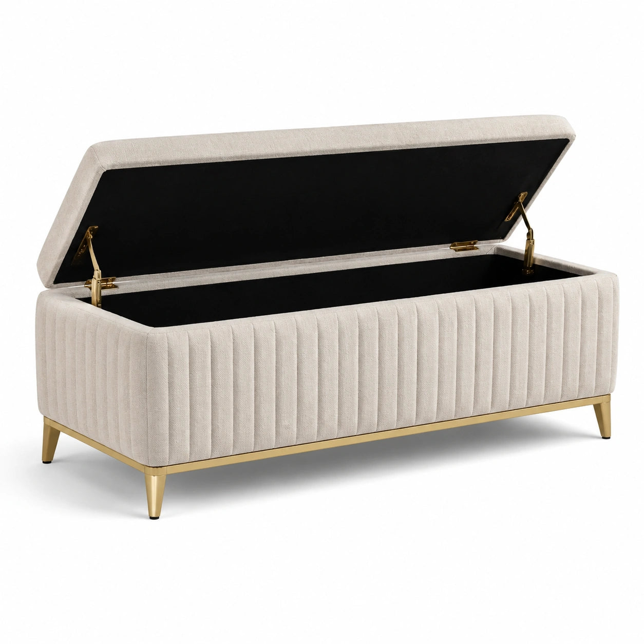 Banc de rangement en velours polyester beige avec pieds en métal doré
