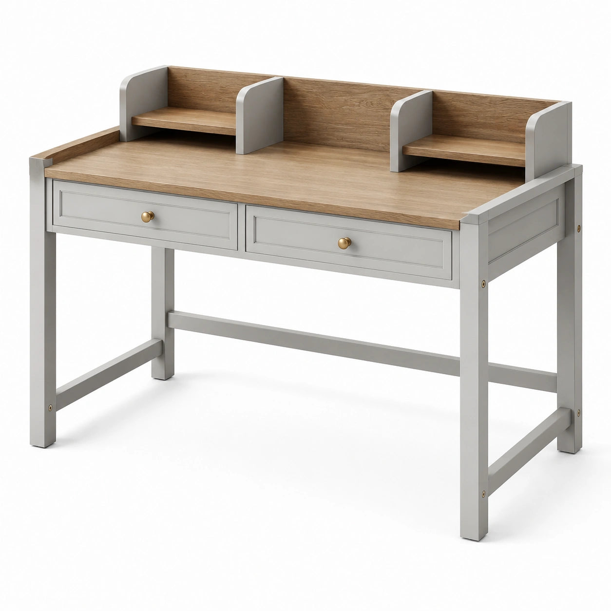 Bureau en bois et MDF avec étagères et tiroirs chêne/gris