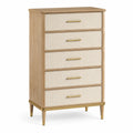 Commode en chêne et rotin beige avec poignées en métal doré
