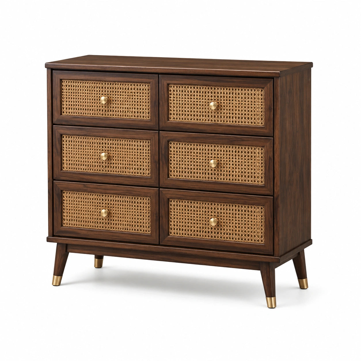 Commode en bois et rotin à 6 tiroirs marron