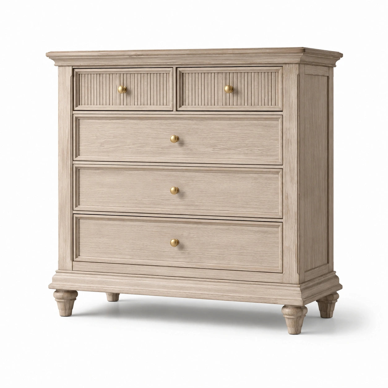 Commode en bois avec 5 tiroirs et boutons en laiton, couleur bois clair
