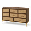 Commode en bois et rotin 8 tiroirs marron et beige