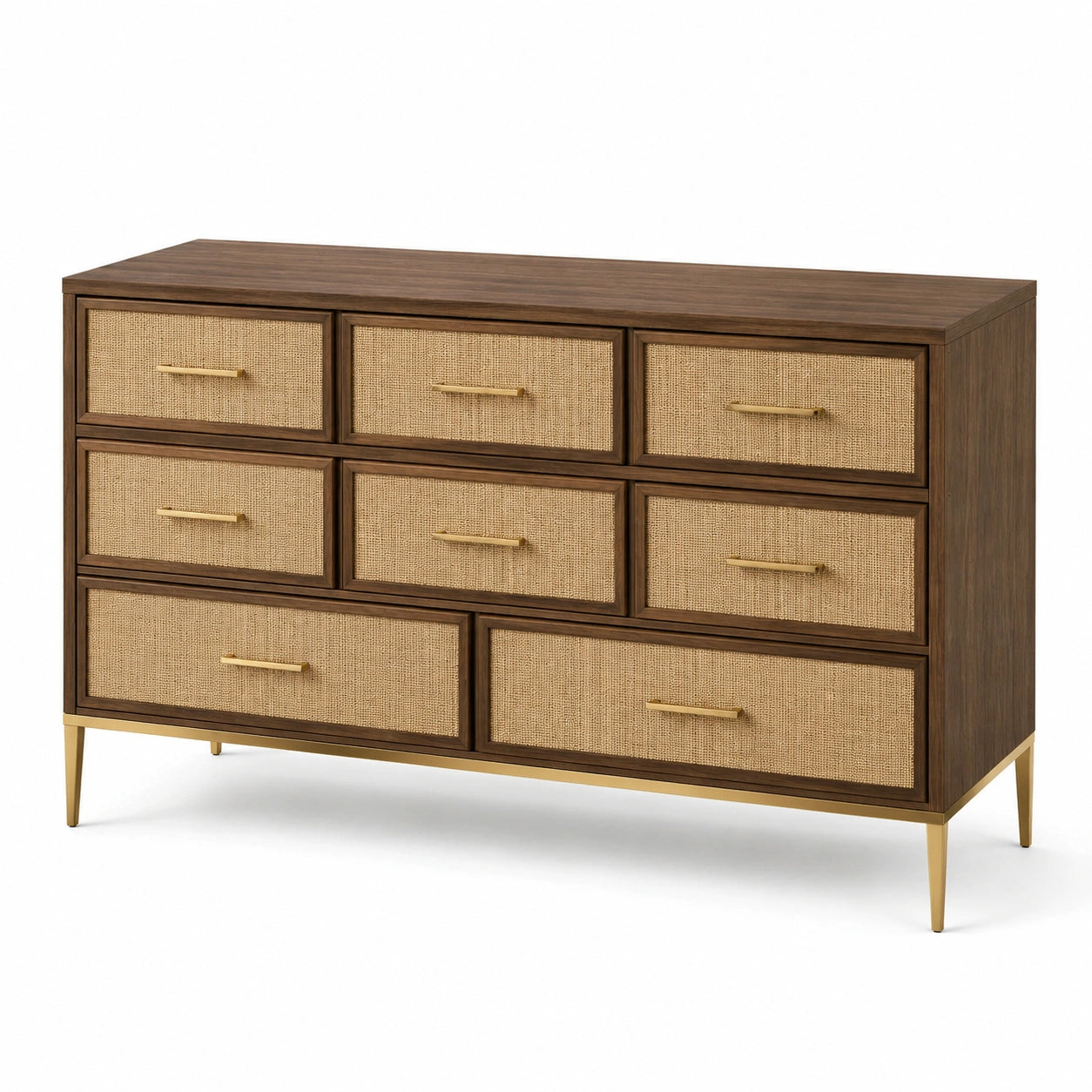 Commode en bois et rotin 8 tiroirs marron et beige